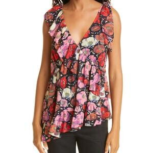 Cinq A Sept NWT Naomi Floral Ruffle Asymmetric Silk Top Size XS V Sleeveless